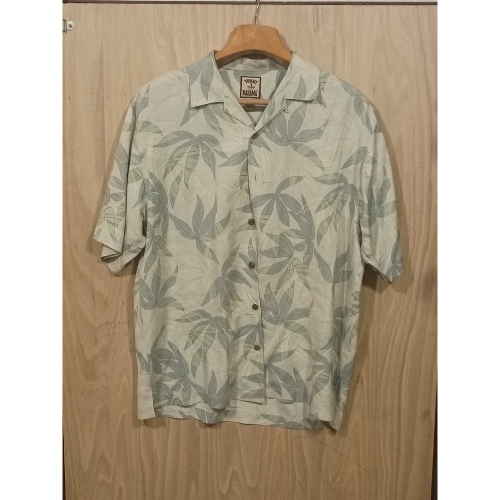 Tommy Bahama Men M Silk Camp Shirt Tropical Palm Leaf Print Short Sleeve Green
